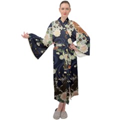 Japanese Wave Koi Illustration Pattern Maxi Velvet Kimono