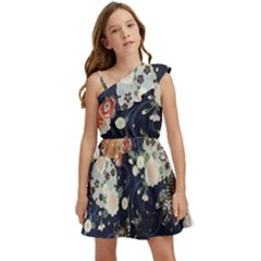 Japanese Wave Koi Illustration Pattern Kids  One Shoulder Party Dress