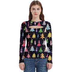 Fun Christmas Trees Adoxali Scandinavian Artistic Background Pattern Women s Cut Out Long Sleeve T-shirt