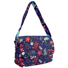 Festive Floral Pattern Christmas Blue Floral Flower Foliage Leaves Pattern Red Snow Winter Courier Bag