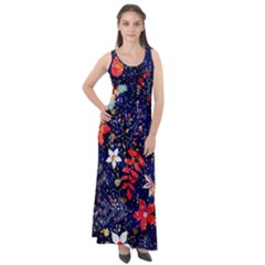 Festive Floral Pattern Christmas Blue Floral Flower Foliage Leaves Pattern Red Snow Winter Sleeveless Velour Maxi Dress