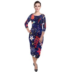 Festive Floral Pattern Christmas Blue Floral Flower Foliage Leaves Pattern Red Snow Winter Quarter Sleeve Midi Velour Bodycon Dress