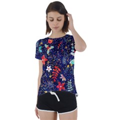 Festive Floral Pattern Christmas Blue Floral Flower Foliage Leaves Pattern Red Snow Winter Short Sleeve Open Back T-shirt