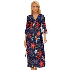 Festive Floral Pattern Christmas Blue Floral Flower Foliage Leaves Pattern Red Snow Winter Midsummer Wrap Dress