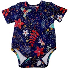 Festive Floral Pattern Christmas Blue Floral Flower Foliage Leaves Pattern Red Snow Winter Baby Short Sleeve Bodysuit