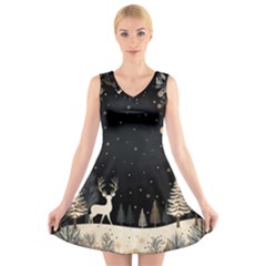 Christmas Winter Xmas Scene Nature Forest Tree Moon V-neck Sleeveless Dress by Apen