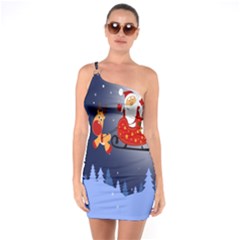 Deer Santa Claus Flying Trees Moon Night Merry Christmas One Shoulder Ring Trim Bodycon Dress