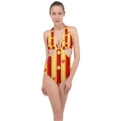 Autumn Fall Leaves Vertical Halter Front Plunge Swimsuit