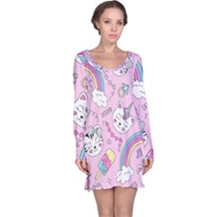 Beautiful Cute Animals Pattern Pink Long Sleeve Nightdress