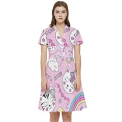 Beautiful Cute Animals Pattern Pink Short Sleeve Waist Detail Dress