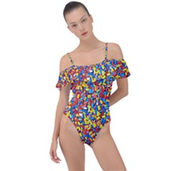 Colorful Lego Texture Lego Bricks Frill Detail One Piece Swimsuit