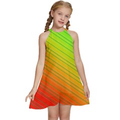 Orange Green Gradient Hunter Kids  Halter Collar Waist Tie Chiffon Dress