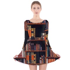 Assorted Title Of Books Piled In The Shelves Assorted Book Lot Inside The Wooden Shelf Long Sleeve Velvet Skater Dress