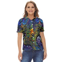 Psychedelic Digital Art Artwork Landscape Colorful Women s Short Sleeve Double Pocket Shirt