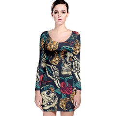 Vintage Art Tattoos Colorful Seamless Pattern Long Sleeve Velvet Bodycon Dress