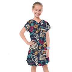 Vintage Art Tattoos Colorful Seamless Pattern Kids  Drop Waist Dress