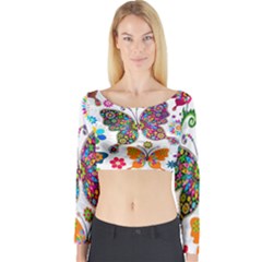 Butterflies, Abstract, Colorful, Floral, Flowers Long Sleeve Crop Top