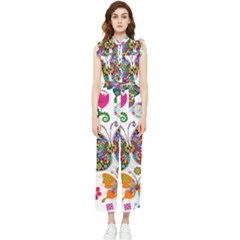 Butterflies, Abstract, Colorful, Floral, Flowers Women s Frill Top Chiffon Jumpsuit