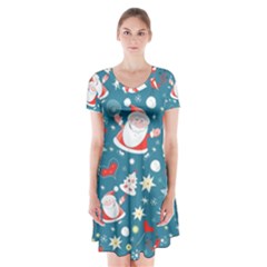 Christmas Pattern, Pattern, Christmas, Santa, Blue Short Sleeve V-neck Flare Dress