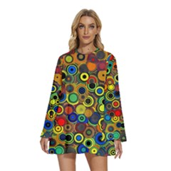 Circles, Colorful Round Neck Long Sleeve Bohemian Style Chiffon Mini Dress