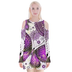 Purple Butterflies, Abstract, Floral, Flowers Velvet Long Sleeve Shoulder Cutout Dress