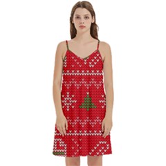 Red Christmas Pattern Xmas Decorations, Christmas Knitted Texture Mini Camis Dress With Pockets by kyorashop23