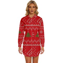 Red Christmas Pattern Xmas Decorations, Christmas Knitted Texture Womens Long Sleeve Shirt Dress