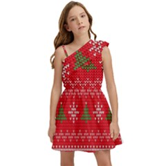 Red Christmas Pattern Xmas Decorations, Christmas Knitted Texture Kids  One Shoulder Party Dress