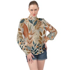 Leaves Pattern Floral High Neck Long Sleeve Chiffon Top