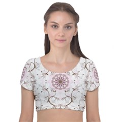 Floral Flora Flower Seamless Pattern Velvet Short Sleeve Crop Top 