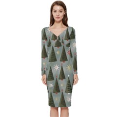 Christmas Trees Pattern Long Sleeve V-neck Bodycon Dress 