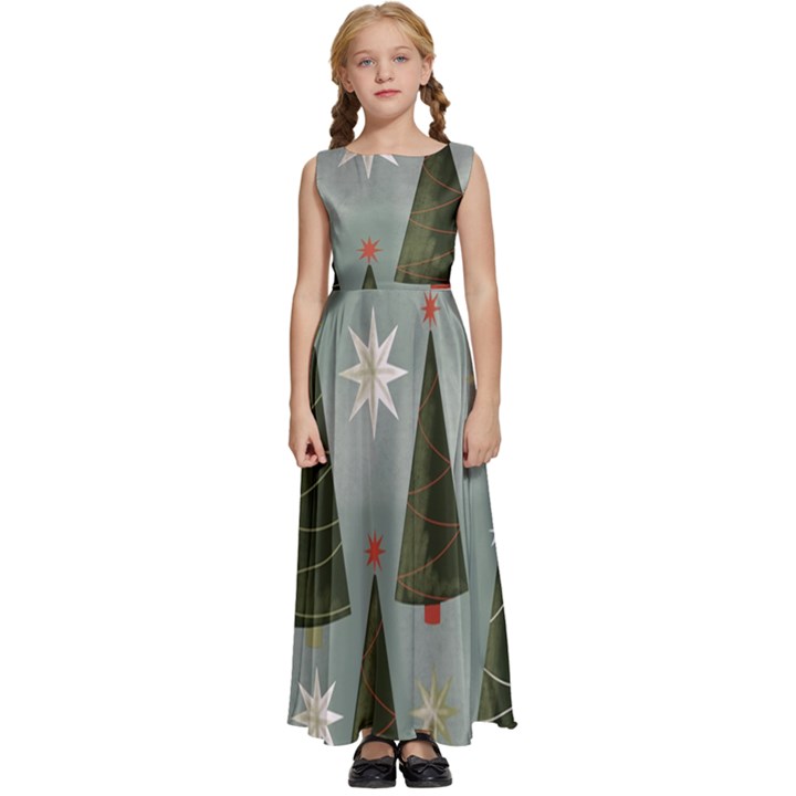 Christmas Trees Pattern Kids  Satin Sleeveless Maxi Dress