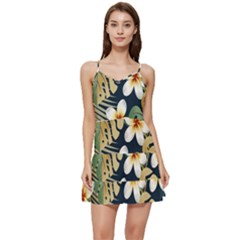 Seamless Pattern With Tropical Strelitzia Flowers Leaves Exotic Background Short Frill Dress