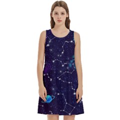 Realistic Night Sky Poster With Constellations Round Neck Sleeve Casual Dress With Pockets