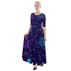 Realistic Night Sky Poster With Constellations Half Sleeves Maxi Dress