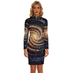 Galaxy Background Star Long Sleeve Shirt Collar Bodycon Dress