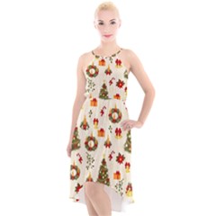 Christmas Pattern, Pattern, Christmas, Trees High-low Halter Chiffon Dress 