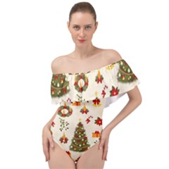 Christmas Pattern, Pattern, Christmas, Trees Off Shoulder Velour Bodysuit 