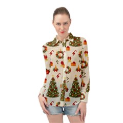 Christmas Pattern, Pattern, Christmas, Trees Long Sleeve Chiffon Shirt