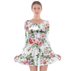 Floral Elements Peony Chinese Rose Long Sleeve Skater Dress