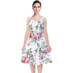 Floral Elements Peony Chinese Rose V-neck Midi Sleeveless Dress 