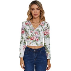 Floral Elements Peony Chinese Rose Long Sleeve V-neck Top