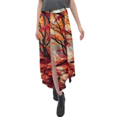 Forest Path Red Nature Velour Split Maxi Skirt