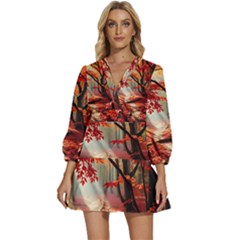 Forest Path Red Nature V-neck Placket Mini Dress