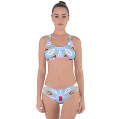 A Blue And Brown Flower With A Red Center Criss Cross Bikini Set