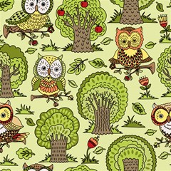 seamless pattern with trees owls