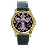 Hot Pink Rhinestone Cross Black Leather Gold Rim Watch (Round)