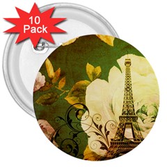 Floral Eiffel Tower Vintage French Paris 3  Button (10 Pack) by chicelegantboutique
