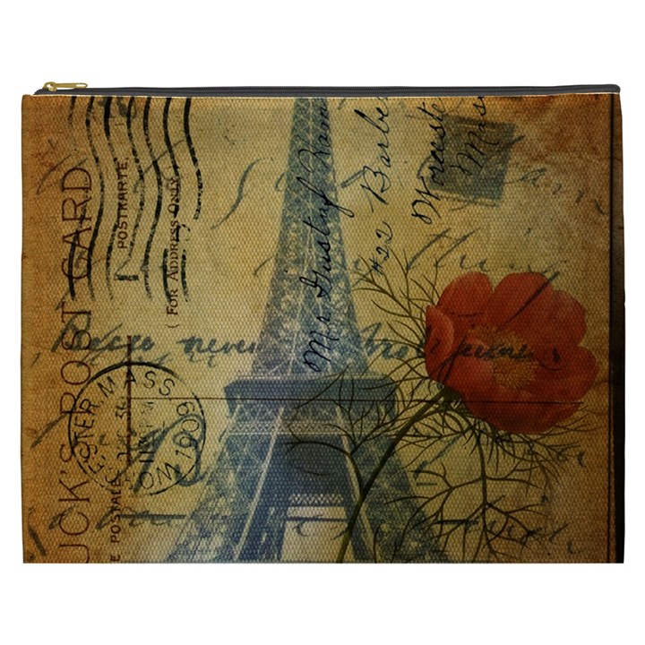 Vintage Stamps Postage Poppy Flower Floral Eiffel Tower Vintage Paris Cosmetic Bag (XXXL)