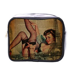 Vintage Newspaper Print Sexy Hot Pin Up Girl Paris Eiffel Tower Mini Travel Toiletry Bag (one Side) by chicelegantboutique